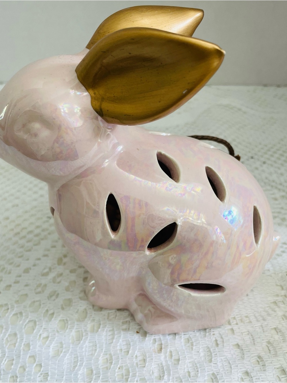 Iridescent Pink Ceramic Bunny with Gold Ears - Decorative Home Decor
